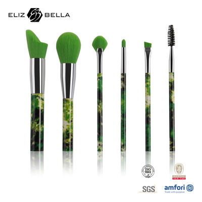 Juego de brochas de maquillaje de 6 piezas con impresión completa, cepillo cosmético de pelo sintético verde