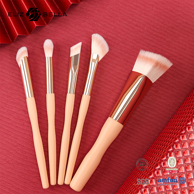 5pcs precio de fábrica Logotipo personalizado 100% cabello sintético Vegan Facial Maquillaje Ojo Set de cepillo, mango de madera y ferrule de aluminio