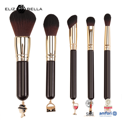 5pcs de maquillaje personalizado de viaje Brush Set mango de madera Ferrule de aluminio y 100% de cabello sintético