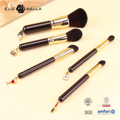 5pcs de maquillaje personalizado de viaje Brush Set mango de madera Ferrule de aluminio y 100% de cabello sintético