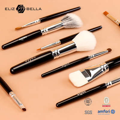 Personaliza 9 pinceles de maquillaje Travel Pro con mango de madera negra y ferrule de aluminio