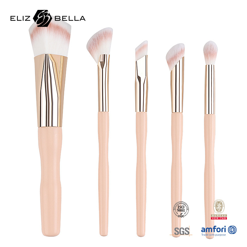 5pcs precio de fábrica Logotipo personalizado 100% cabello sintético Vegan Facial Maquillaje Ojo Set de cepillo, mango de madera y ferrule de aluminio