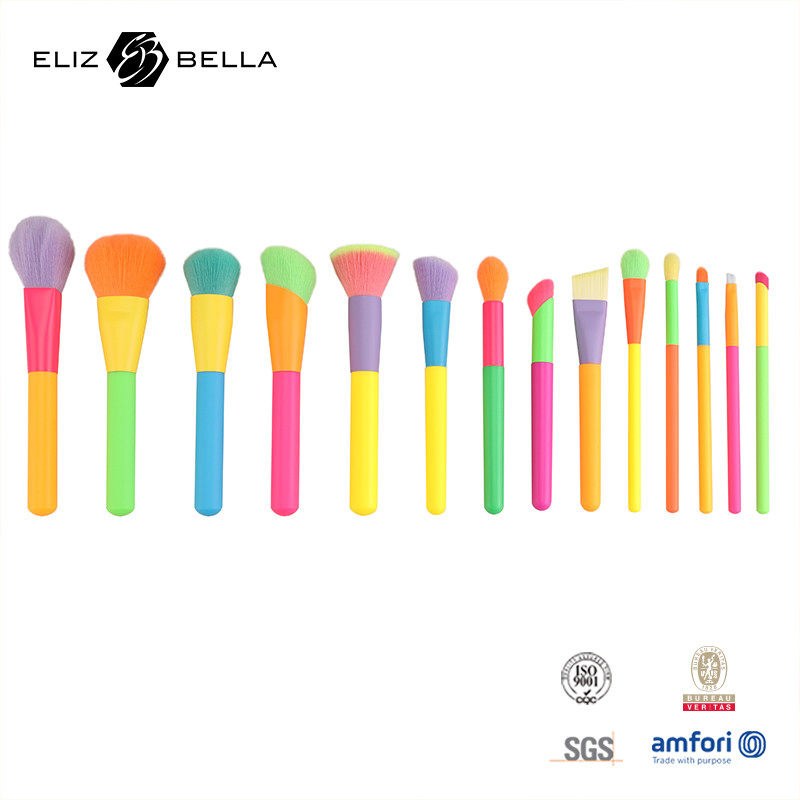 14pcs diseño personalizado maquillaje Set de pincel Colorido mango y ferrule de aluminio incluido