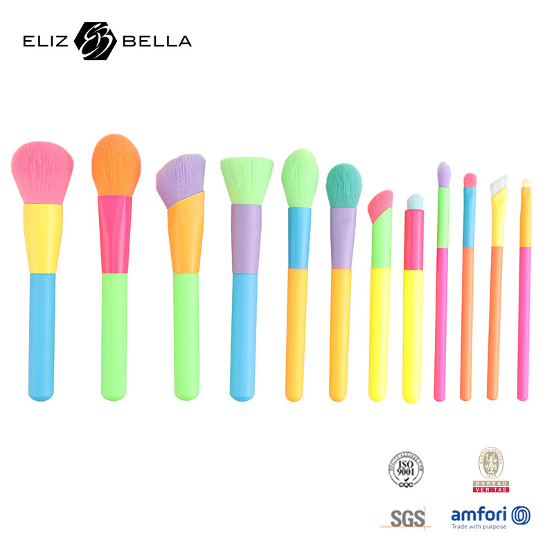 12pcs colorido de plástico mango y aluminio ferrule de belleza cepilla cosmética conjunto de muestra