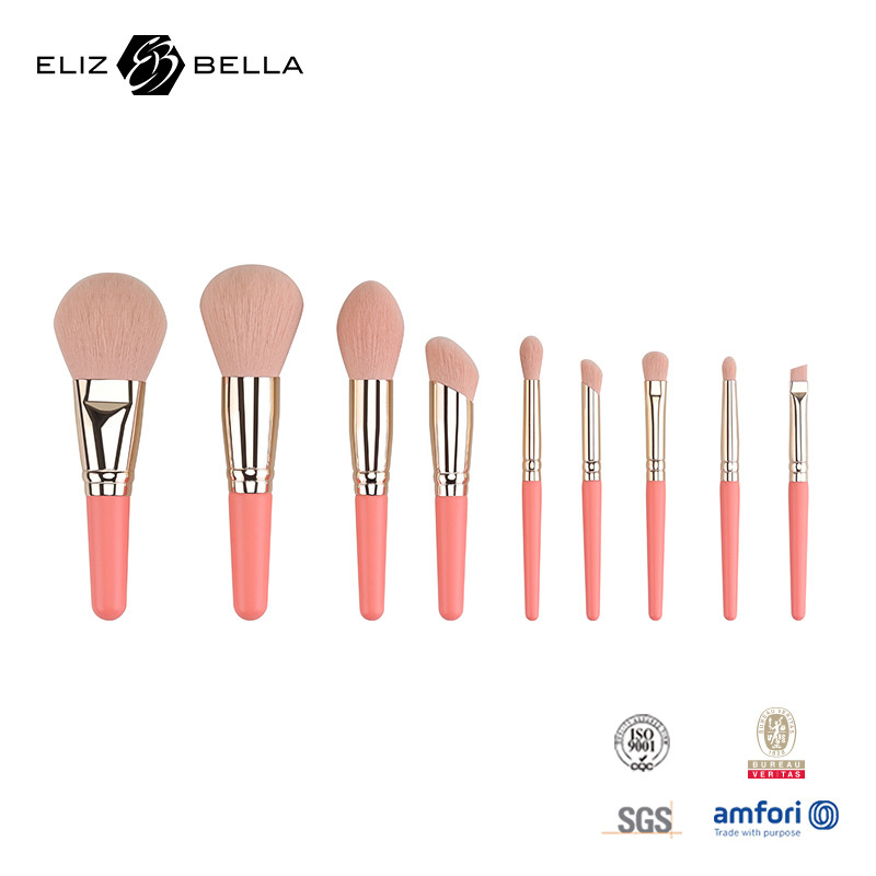 9PCS Bellas escobillas de maquillaje con mango de madera cortos 100% de cabello sintético OEM