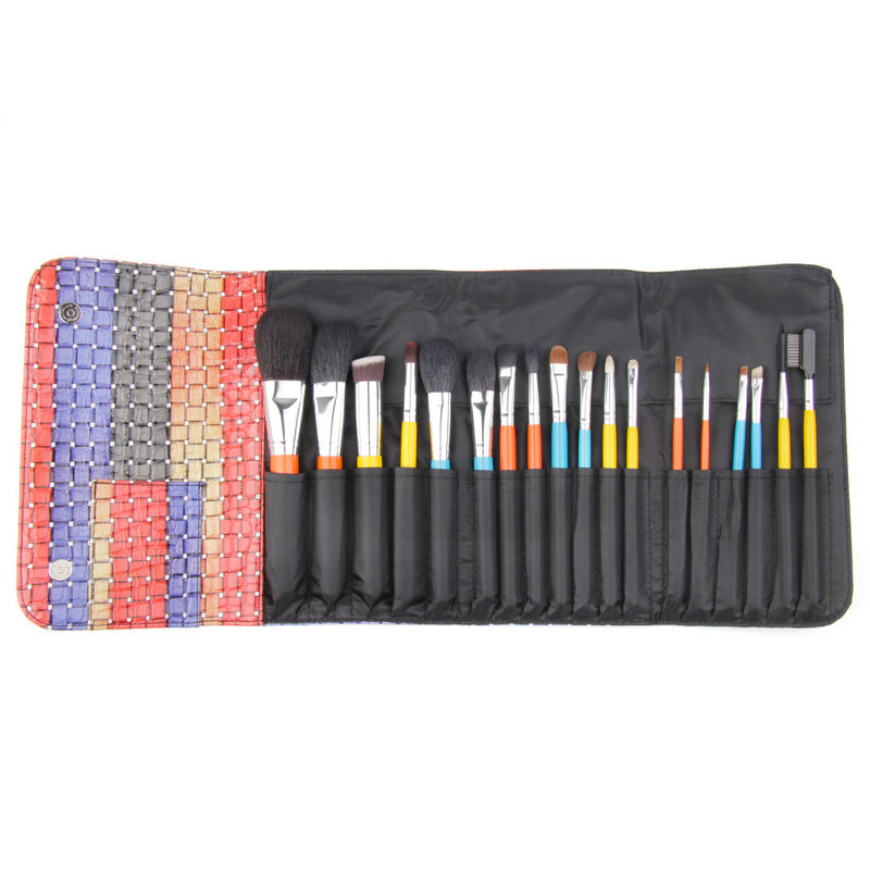 Sistema de cepillo del maquillaje de 18 pedazos con la manija de madera del color y el bolso cosmético
